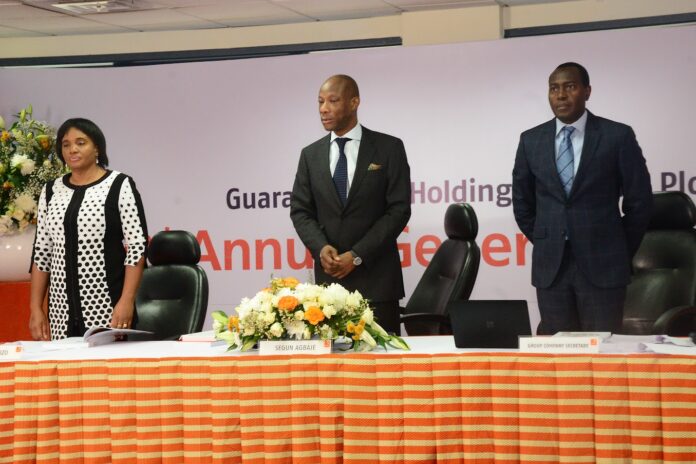 L-R: Mrs. Cathy Echeozo, Non-Executive Director; Mr. Segun Agbaje, Group CEO and Mr. Erhi Obebeduo, Company Secretary all of Guaranty Trust Holding Company Plc at the Group's 2nd Annual General Meeting (AGM) held in Lagos.