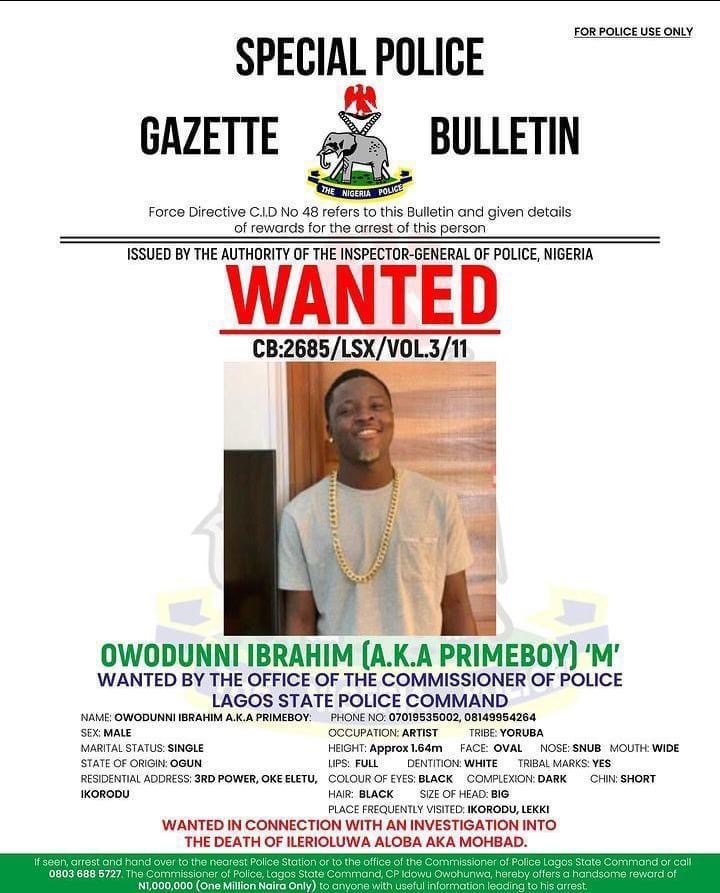 Police Declare MohBad's Ally, Primeboy, Wanted, Offer N1m Reward