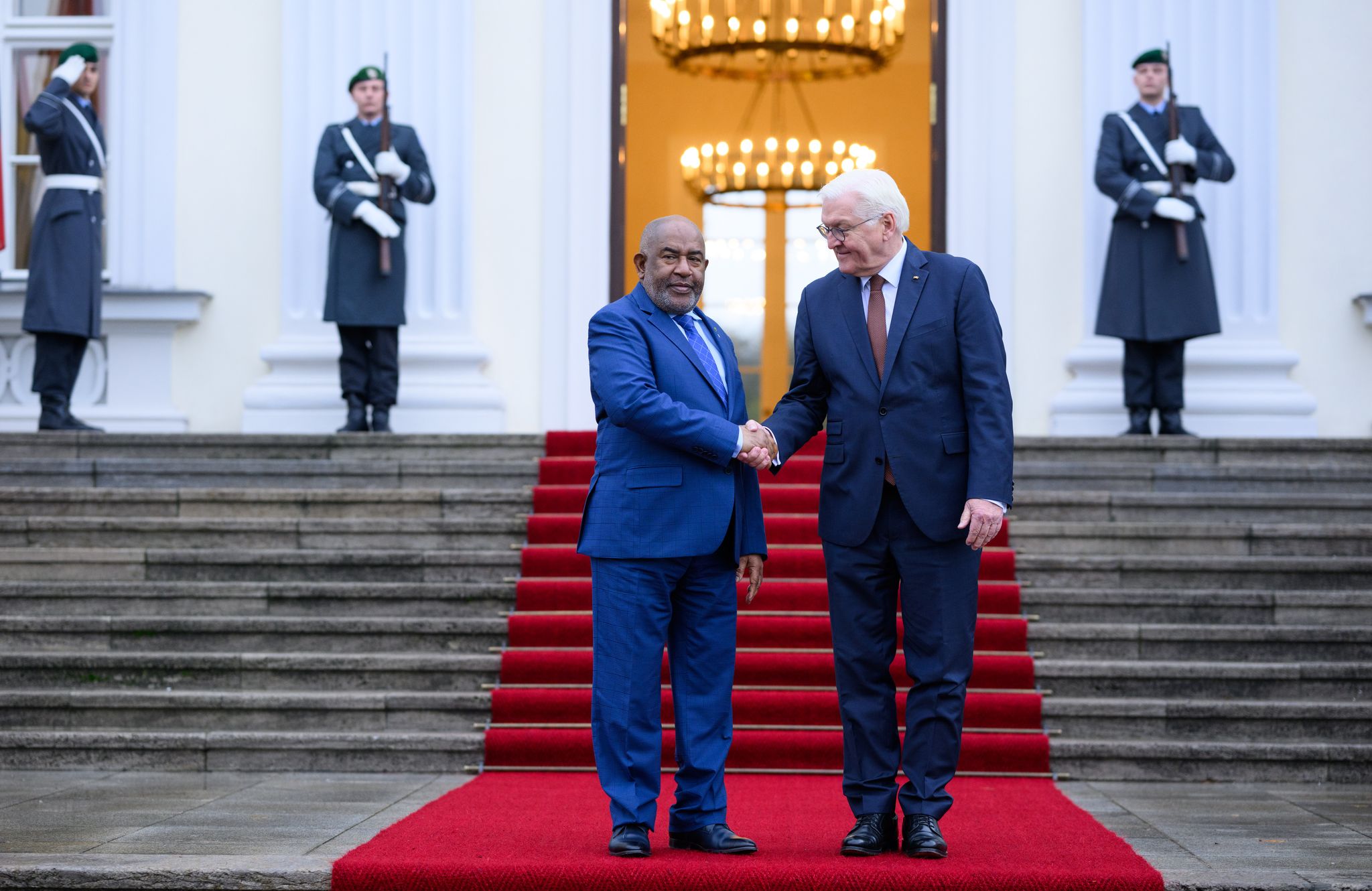 German President Frank-Walter Steinmeier welcomes Assoumani Azali, Chairman of the African Union and President of the Comoros, at the "G20 Investment Summit 2023 - Compact with Africa" conference at Schloss Bellevue. Steinmeier invited the heads of state and government of the G20 Compact with Africa countries to a lunch to strengthen the framework conditions for sustainable investment in Africa.Credit: Bernd von Jutrczenka/dpa