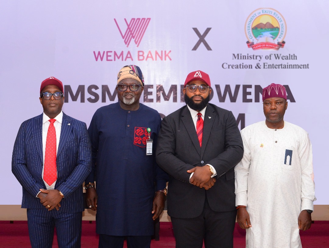 L-R: Regional Manager, Ondo/Ekiti Region, Wema Bank, Niyi Owadugbe; Commissioner, Ministry of Wealth Creation and Employment, Ekiti State, Otunba Kayode Fasae; Head, SME, Wema Bank, Arthur Nkemeh and Commissioner for information Ekiti State, Hon Taiwo Olatunbosun at the Press Conference to launch the Ekiti-Wema MSME Empowerment Programme in Ekiti state, yesterday...