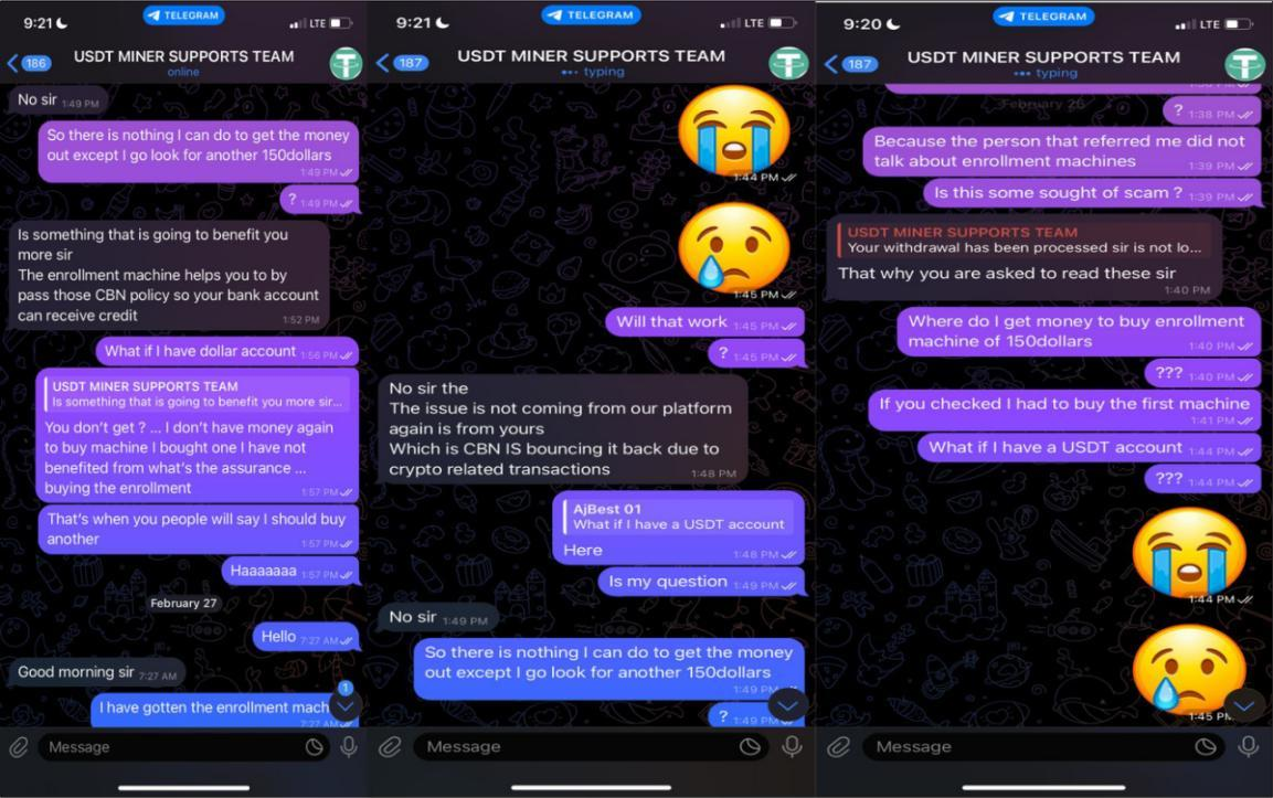 Conversation between a scammer and a victim of facebook ads on telegram