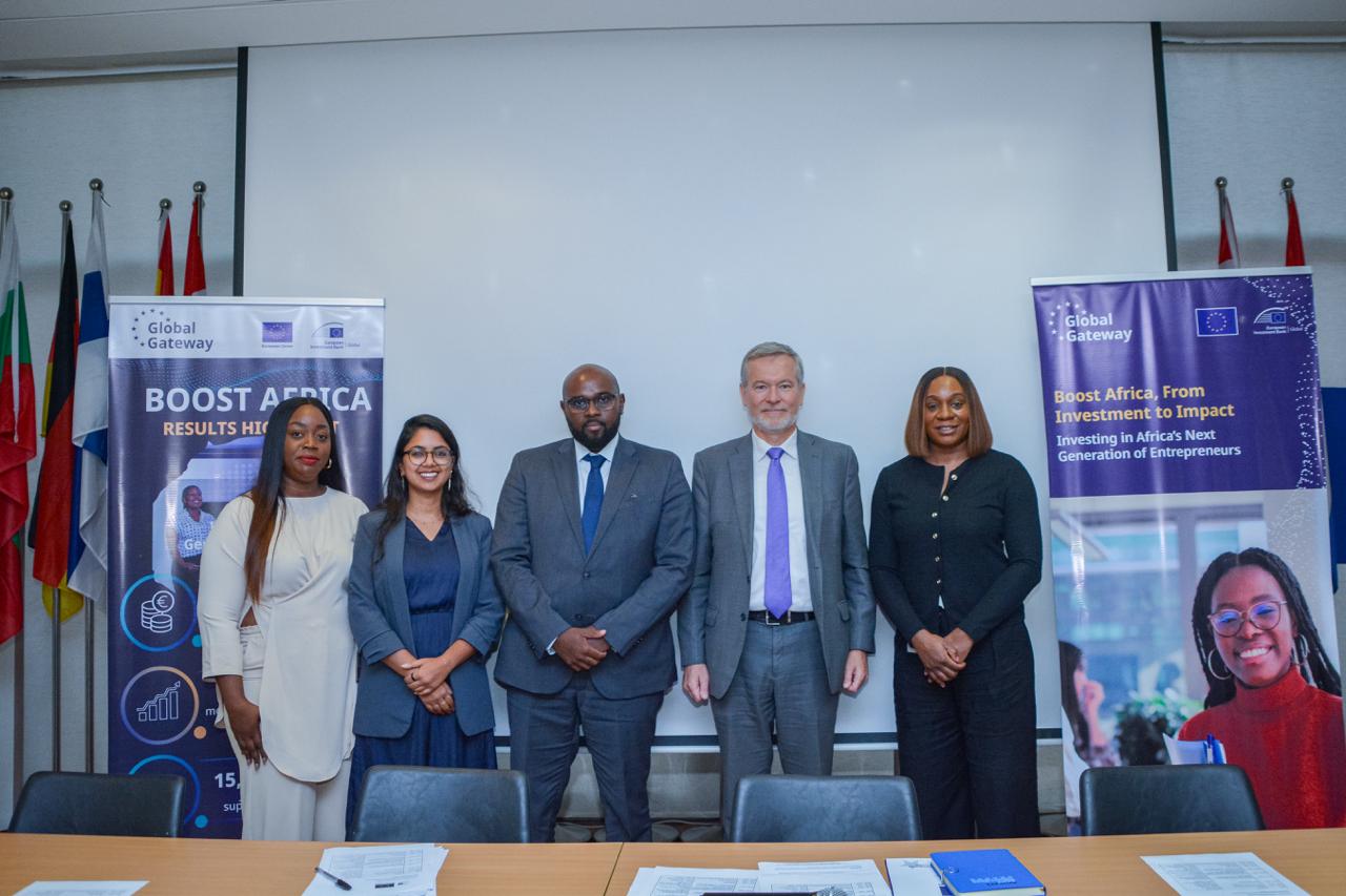 L-R Judith Owoicho, Campaign Manager Boost Africa Nigeria, Lavanya Anand, Director of Strategy & port folio Afric Invest, Moussa Nakoulima, Regional Head EIB west and Central Africa, European Union Ambassador to Nigeria and ECOWAS Gautier Mignot, Christine Adejoroluwa, Director of Strategy Beacon Power Services (BPS) Nigeria